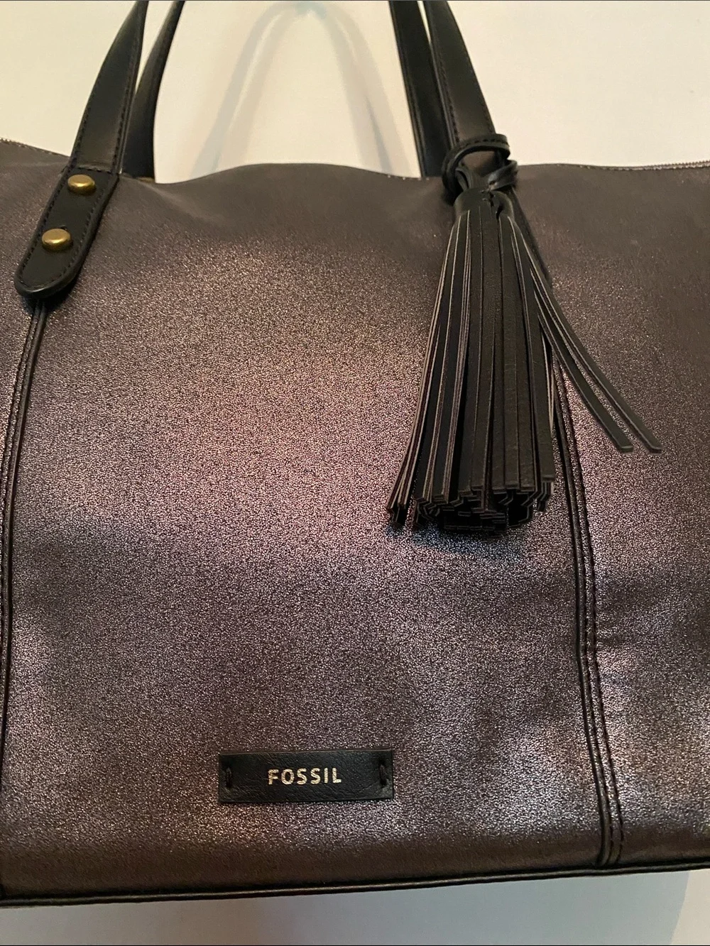 Fossil canvas black metallic tote in good condition